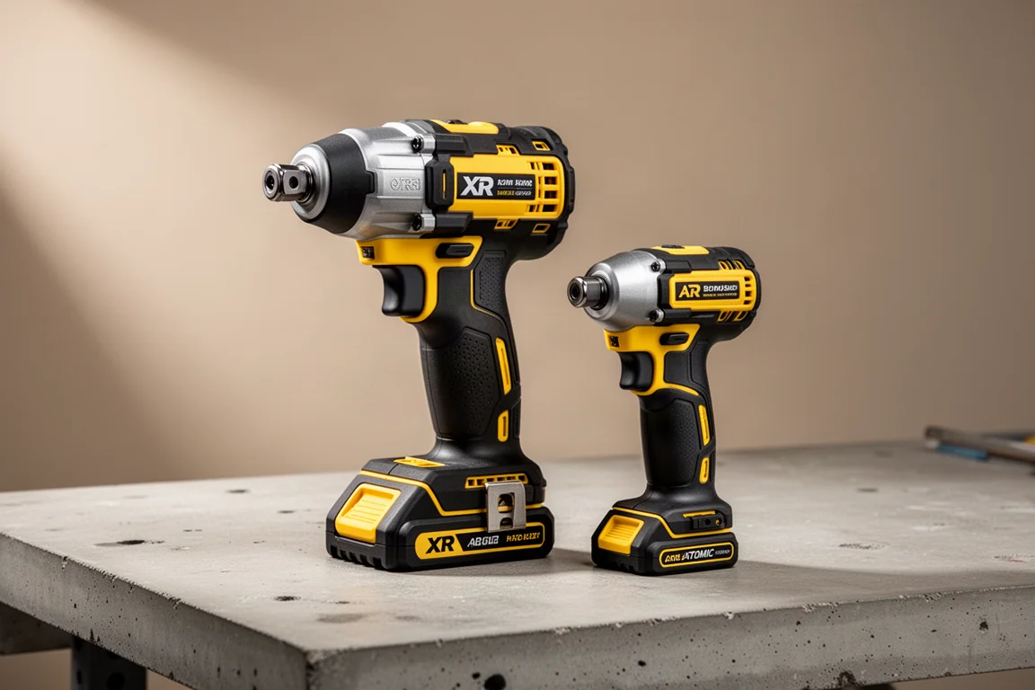 DeWalt DCF845 and DCF850 impact drivers side by side on a concrete workbench