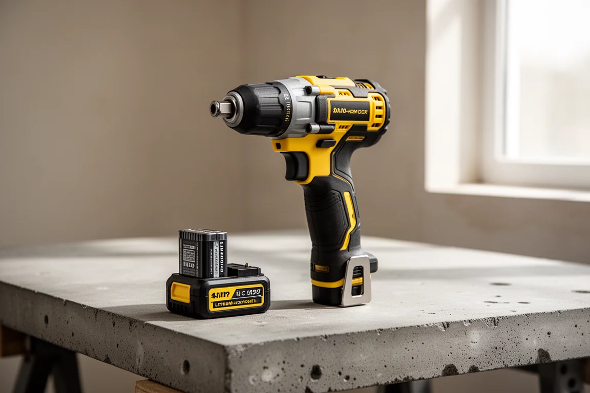 Kompakter Impact Driver steht in weichem Werkstattlicht auf einer Werkbank