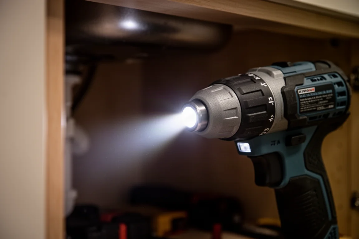 Helles LED-Licht des Impact Drivers beleuchtet das Innere eines dunklen Schranks