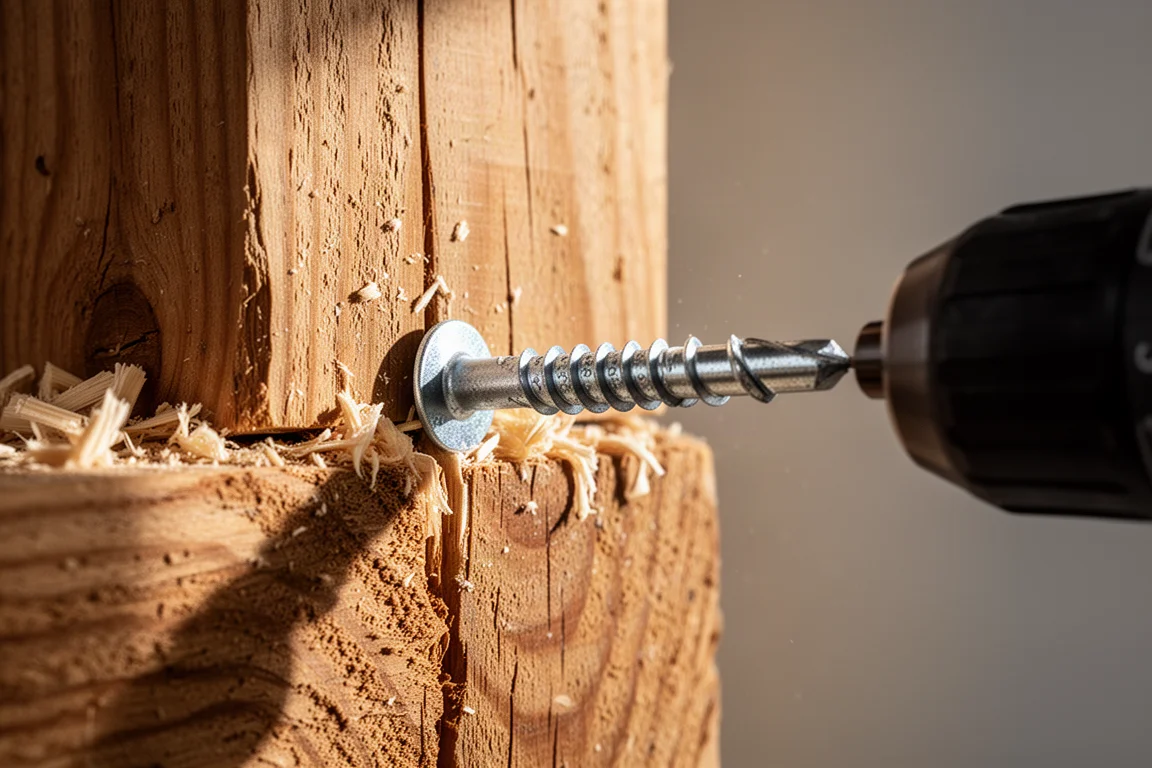 Lange Holzschraube teilweise in einen Holzträger eingedreht