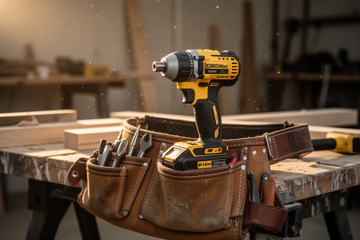 Werkzeuggurt und kompakter Impact Driver auf einer Baustellenbank am Ende des Tages