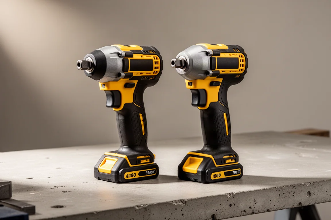 Zwei kompakte Impact Driver im DeWalt-Stil nebeneinander auf einer Betonwerkbank