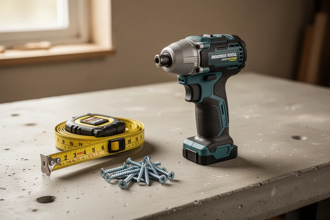 Compact impact driver held next to a tape measure showing its short body length
