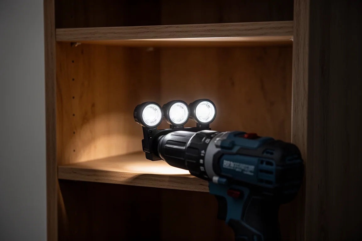 Three LED work lights illuminating a dim cabinet interior evenly
