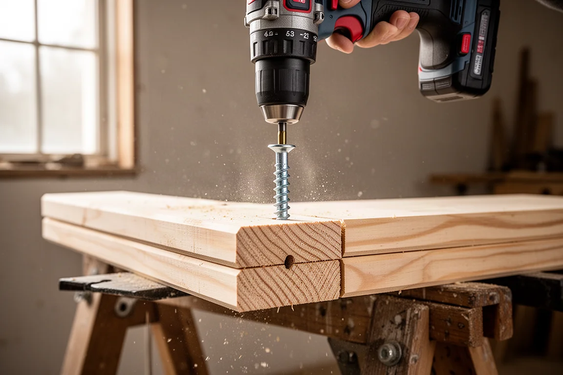 Impact driver driving a large structural fastener into stacked lumber