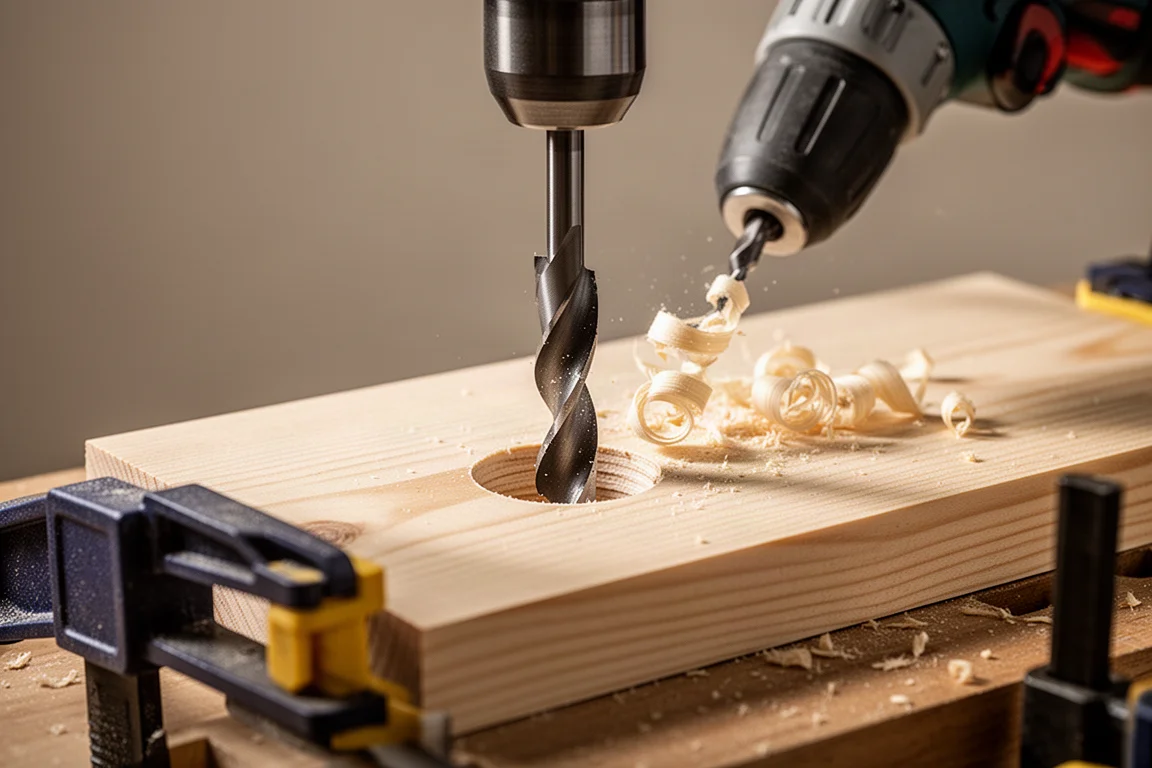 One-inch self-feeding spade bit boring cleanly through a board