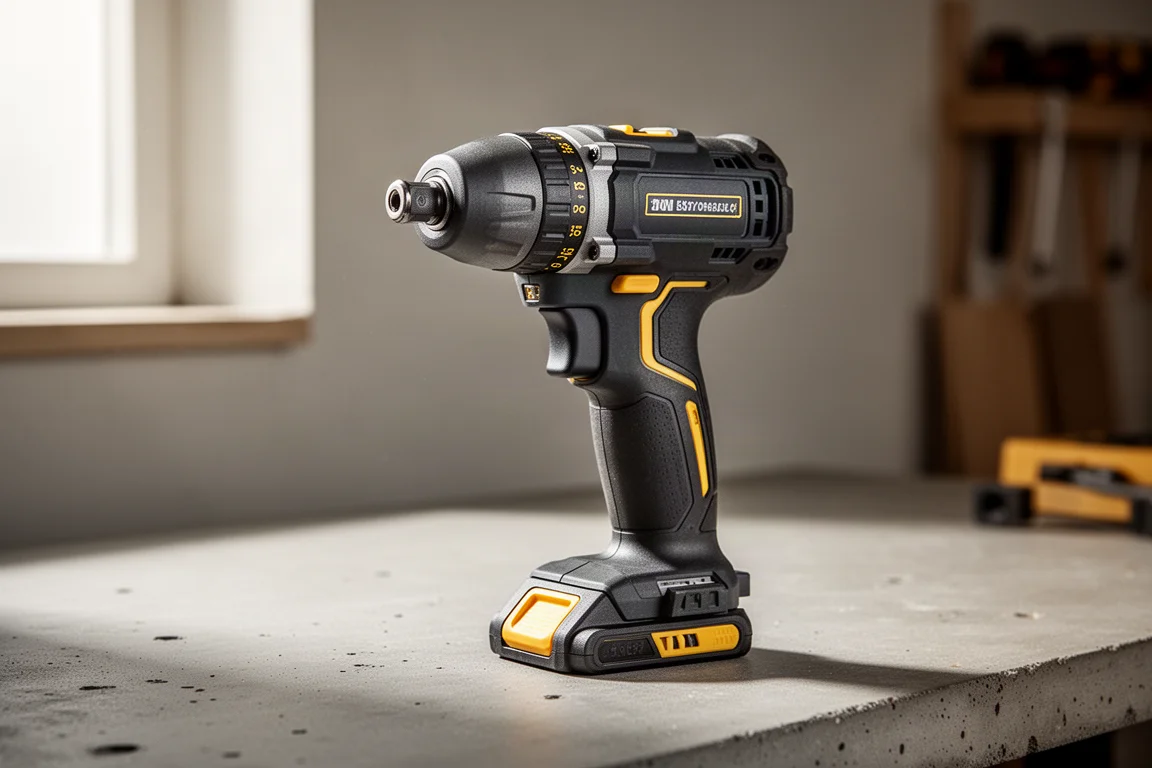 Compact DeWalt DCF850 impact driver on a concrete workbench