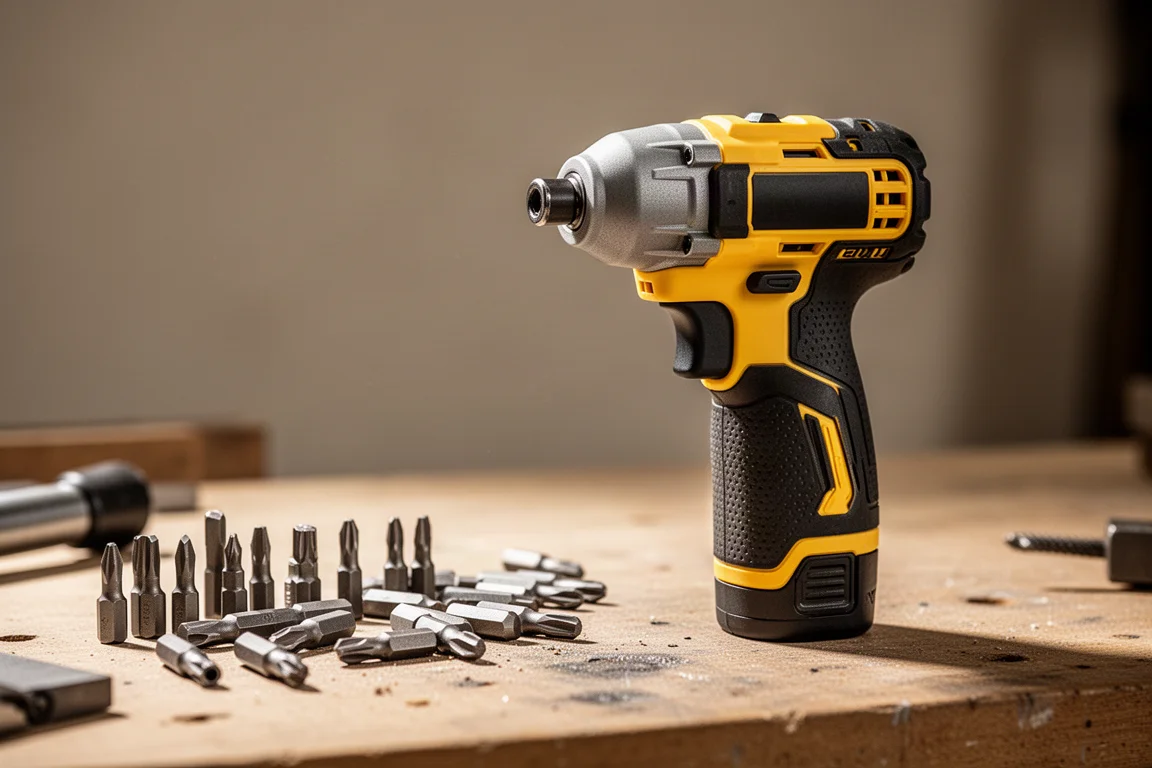 Avvitatore ad impulsi compatto giallo e nero tenuto in mano in un'officina