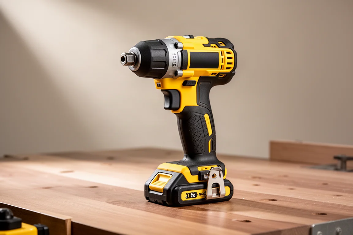 Compact yellow and black cordless impact driver on a wooden workbench