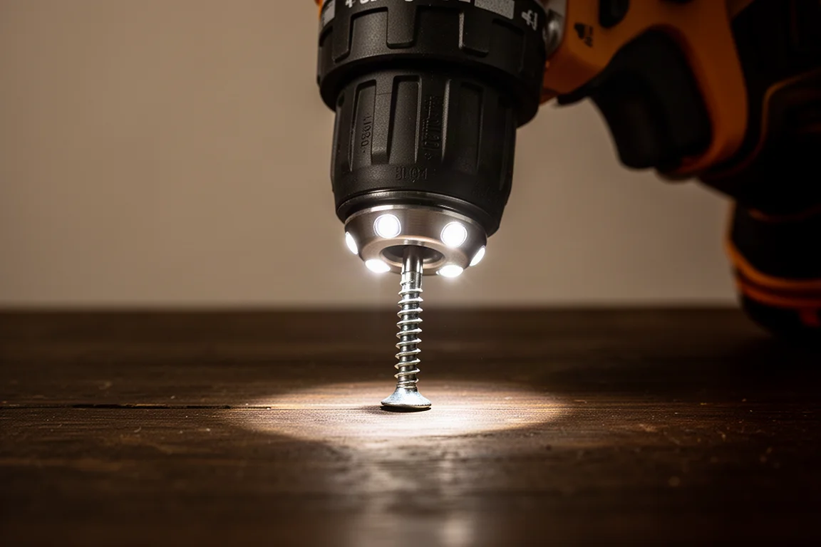 Éclairages de travail tri-LED d'une visseuse à choc illuminant une fixation en basse lumière