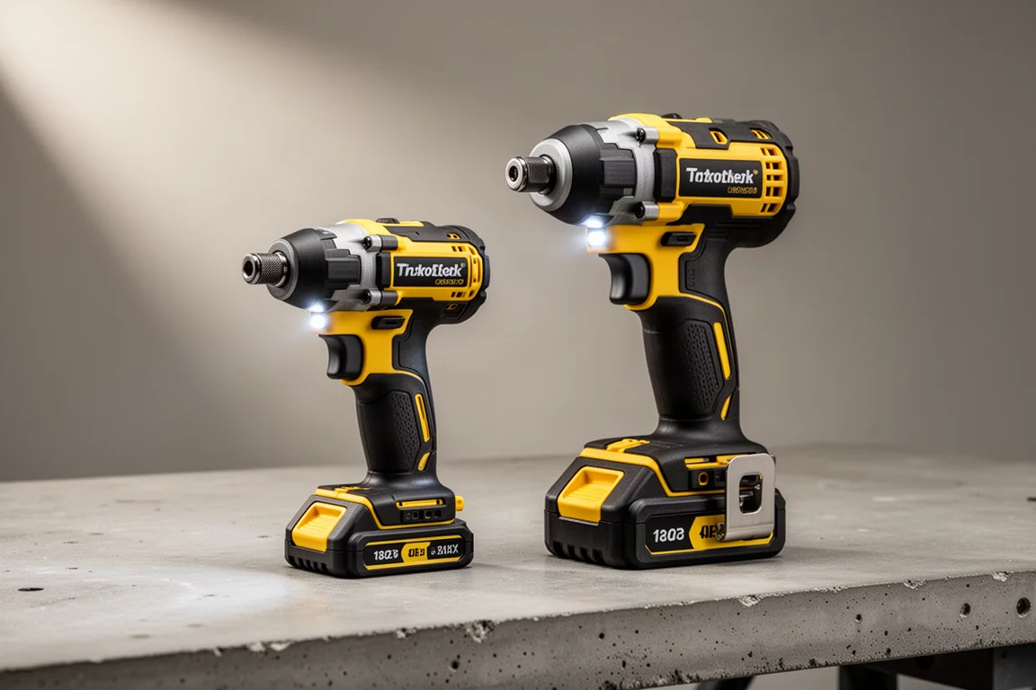 Two cordless impact drivers side by side on a concrete workbench