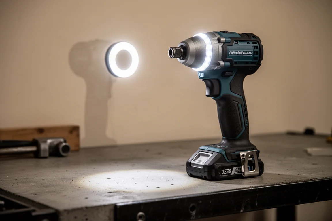 Nahaufnahme der LED-Arbeitsleuchte eines Schlagschraubers, die eine dunkle Arbeitsfläche ausleuchtet