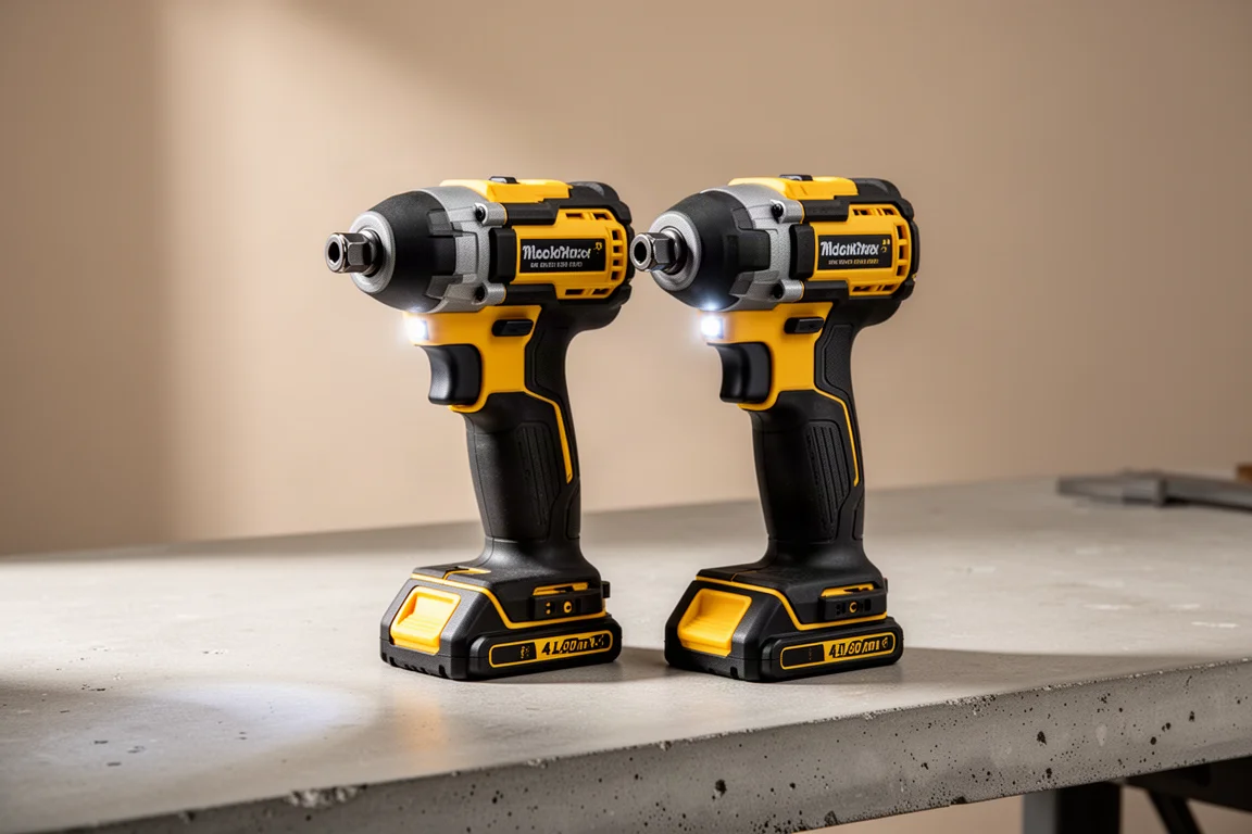 Two compact cordless impact drivers side by side on a concrete workbench