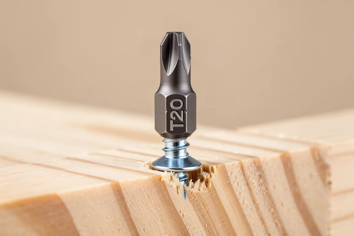 Primer plano de una punta atornilladora sobre un tornillo de madera con un sujetador parcialmente insertado en madera blanda