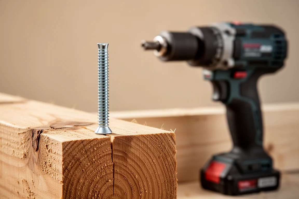 Gran perno tirafondo de un cuarto de pulgada siendo insertado en una viga de madera gruesa