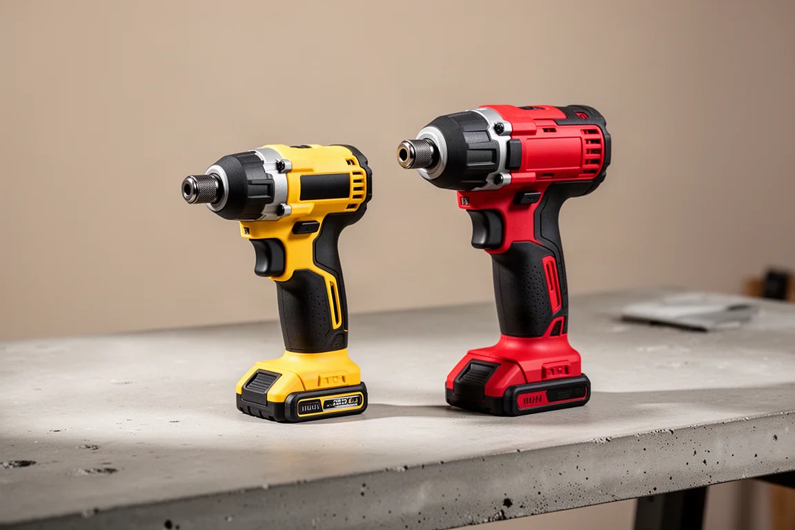 DeWalt and Milwaukee compact impact drivers side by side on a concrete surface