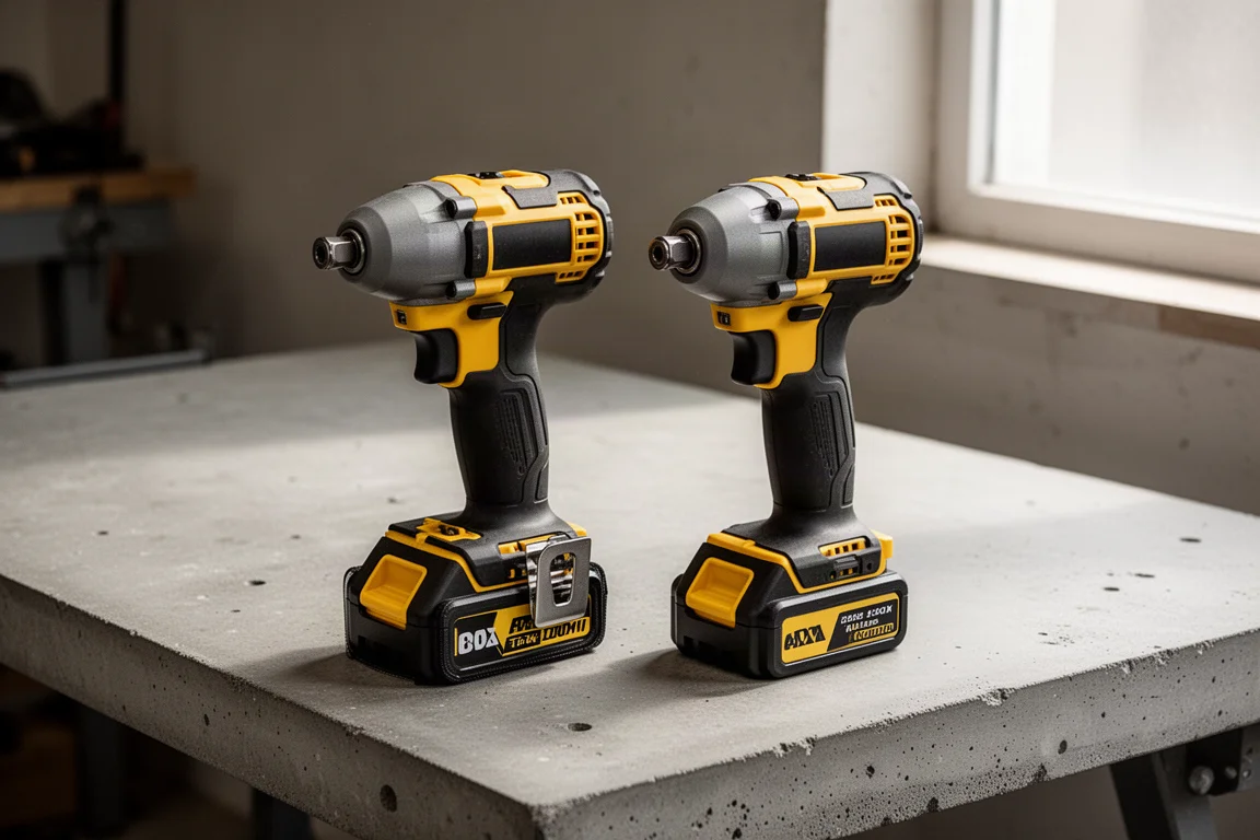 Two cordless impact drivers resting side by side on a workshop bench