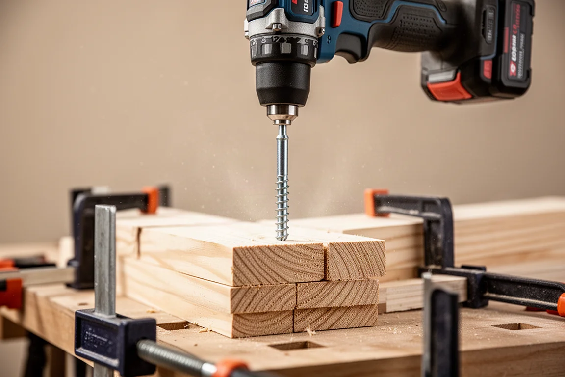 Cordless impact driver driving a long fastener into stacked lumber