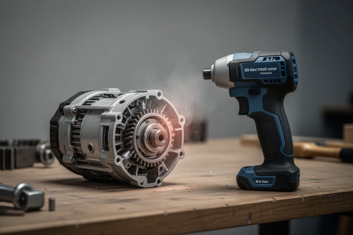 Infrared thermometer reading temperatures on an impact driver after heavy use