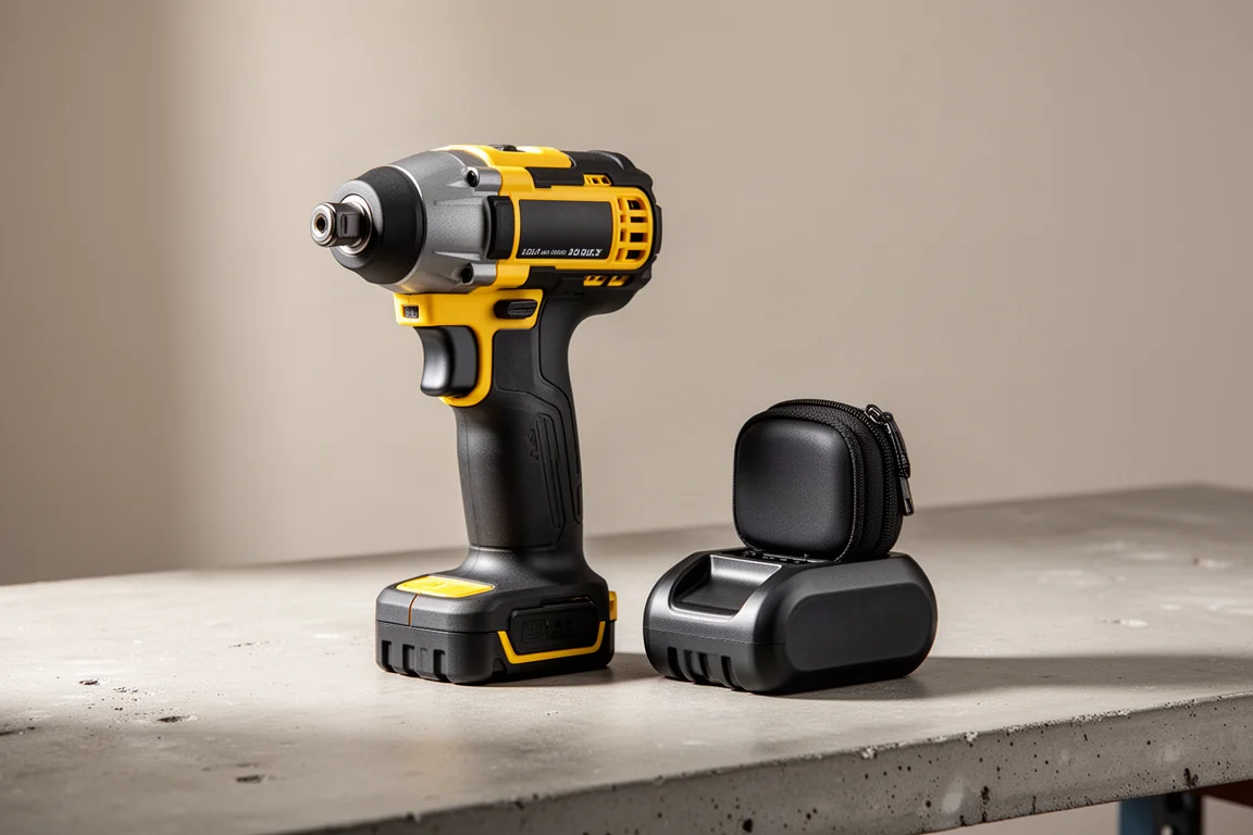 Compact cordless impact driver and small pouch-style battery pack on a concrete workbench
