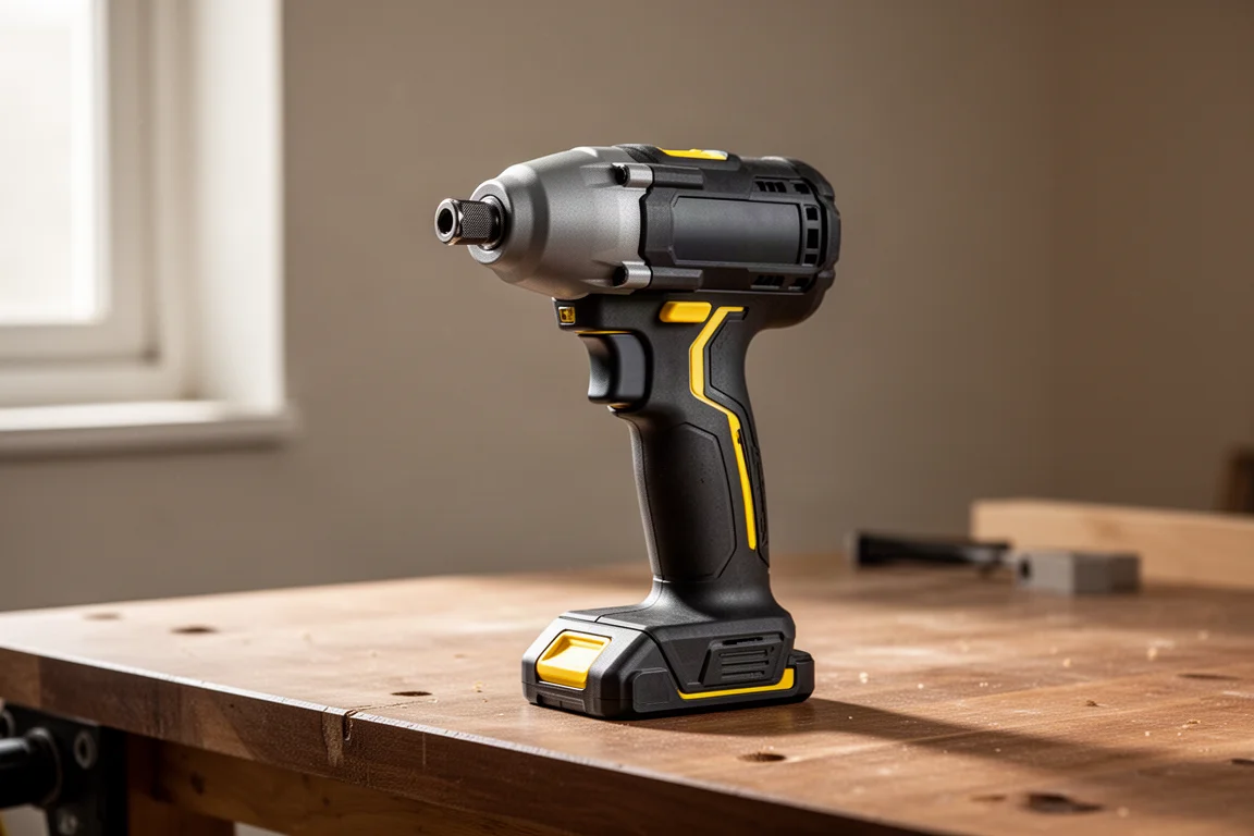 DeWalt DCF860 cordless impact driver standing on a brushed wood workbench