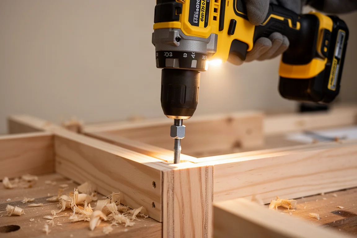 Perceuse à choc vissant une fixation sur un assemblage en bois