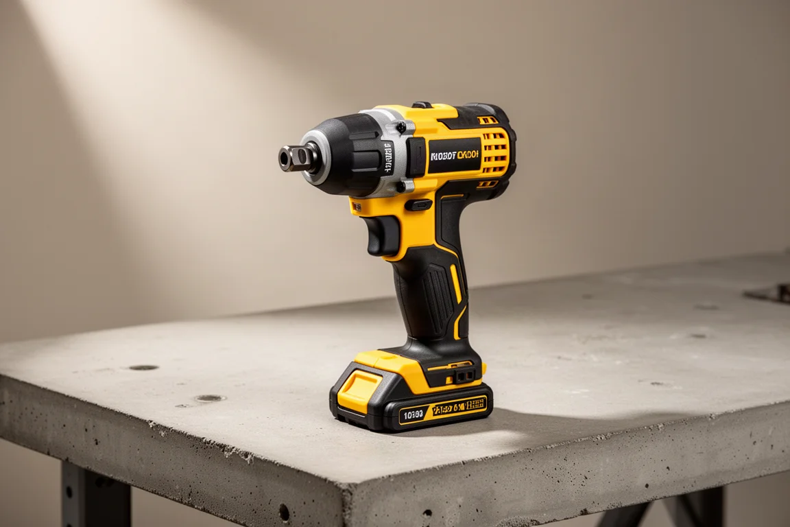 Compact yellow and black cordless impact driver on a concrete workbench
