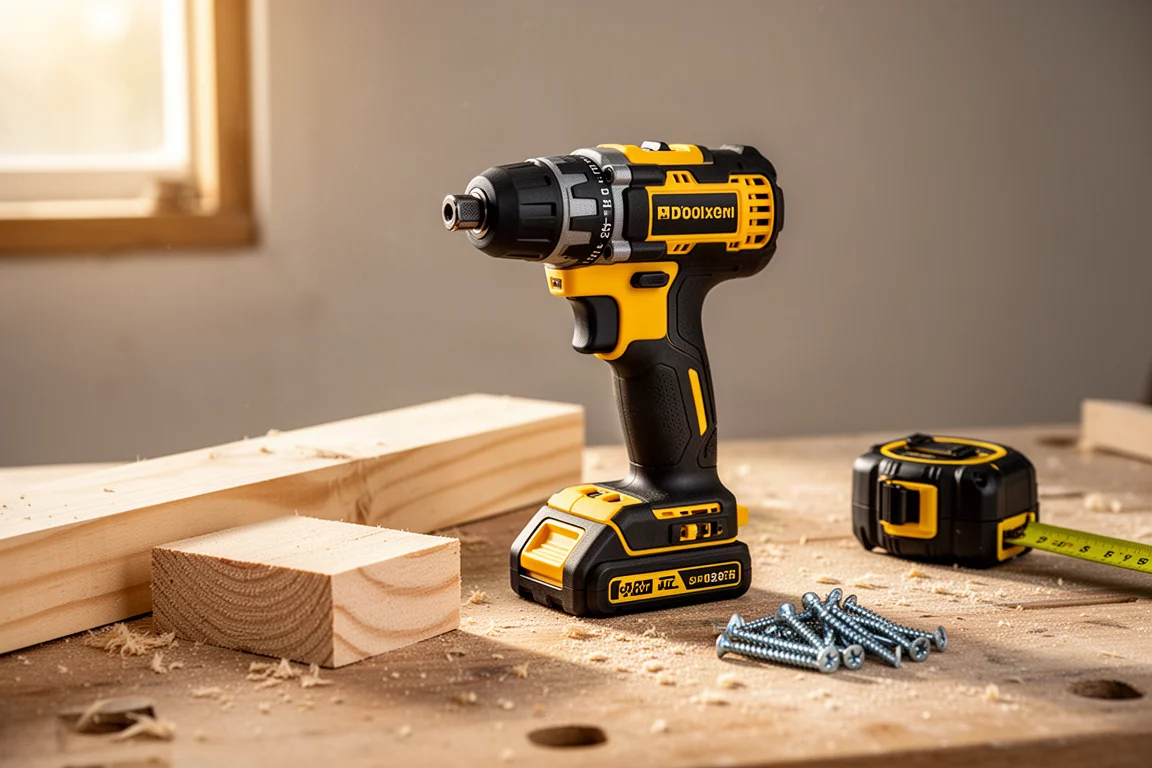 Compact cordless impact driver resting on a workbench beside lumber offcuts
