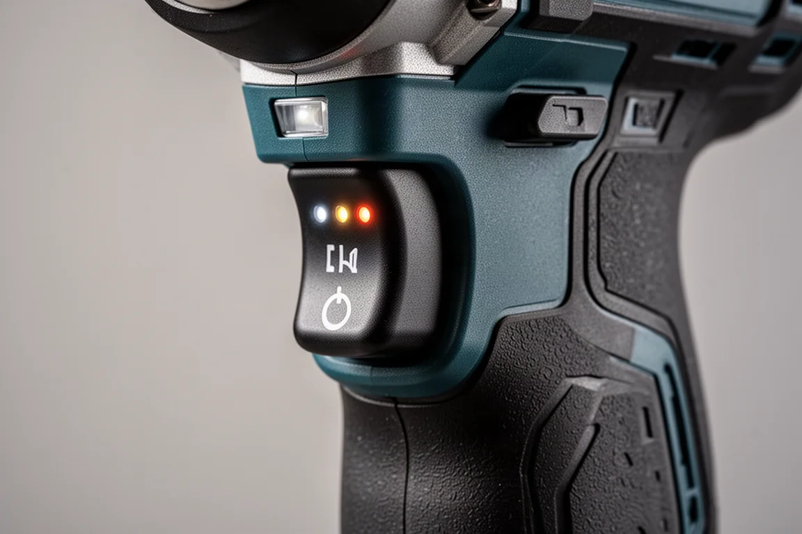 Close-up of push-button speed selector with lit LED indicators on tool body