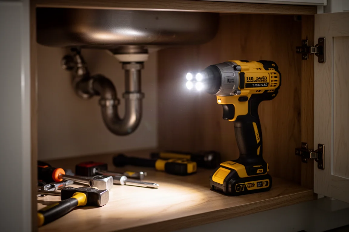Bright LED work lights on impact driver illuminating the inside of a dark cabinet