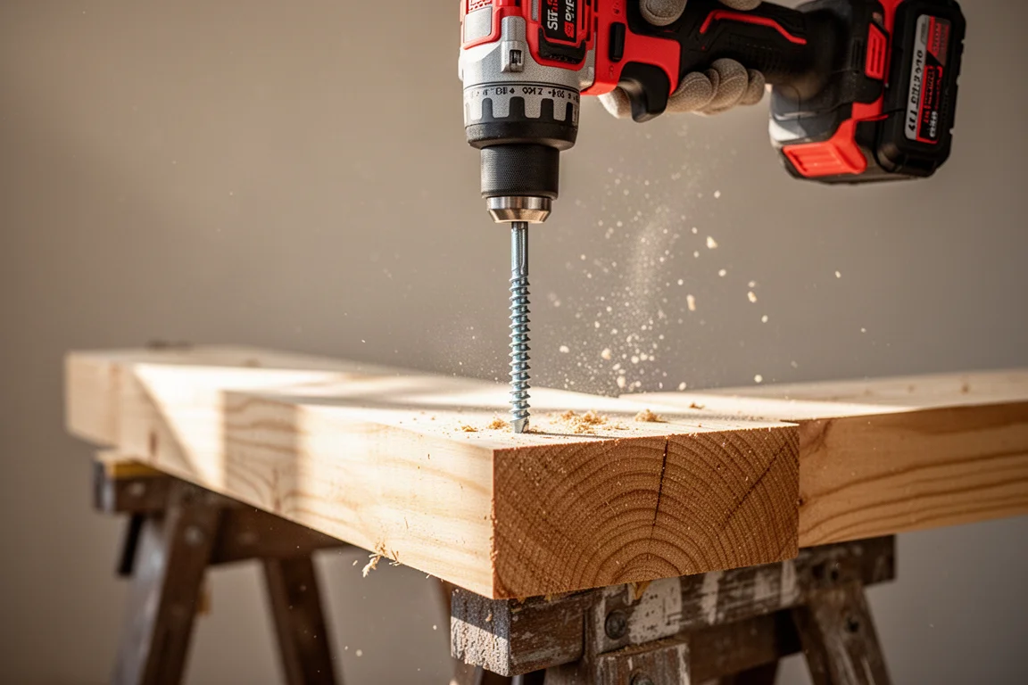 Impact driver seating a long lag screw into dimensional lumber on sawhorses