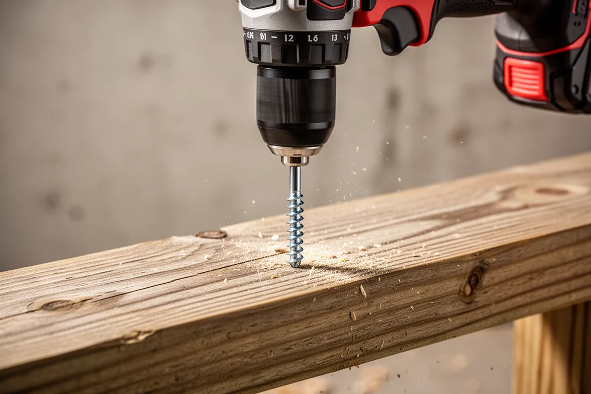 Avvitatore a impulsi che avvita una vite per ponti in una tavola di legno