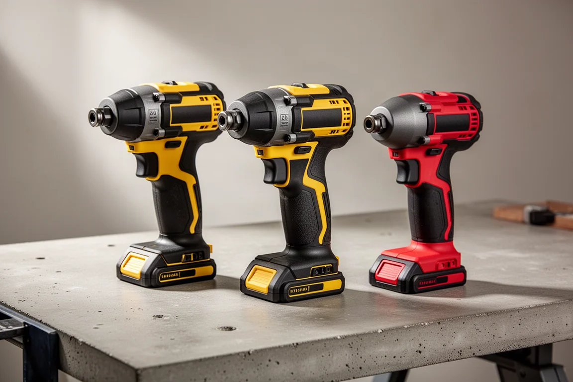 Three compact cordless impact drivers arranged on a concrete workbench