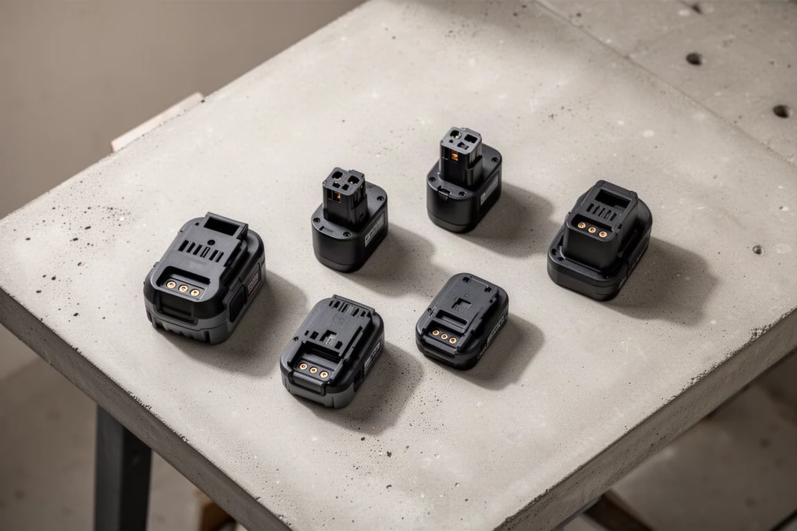 Diverse sladdlösa batterier till elverktyg uppställda på en arbetsbänk