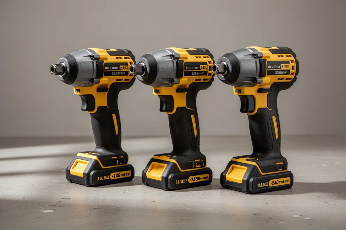 Three DeWalt impact drivers lined up on a concrete workshop surface