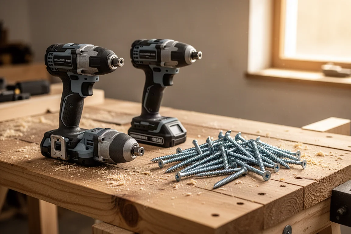 Zwei akkubetriebene Impact Driver liegen auf einer Werkbank neben einem Haufen langer Holzbauschrauben