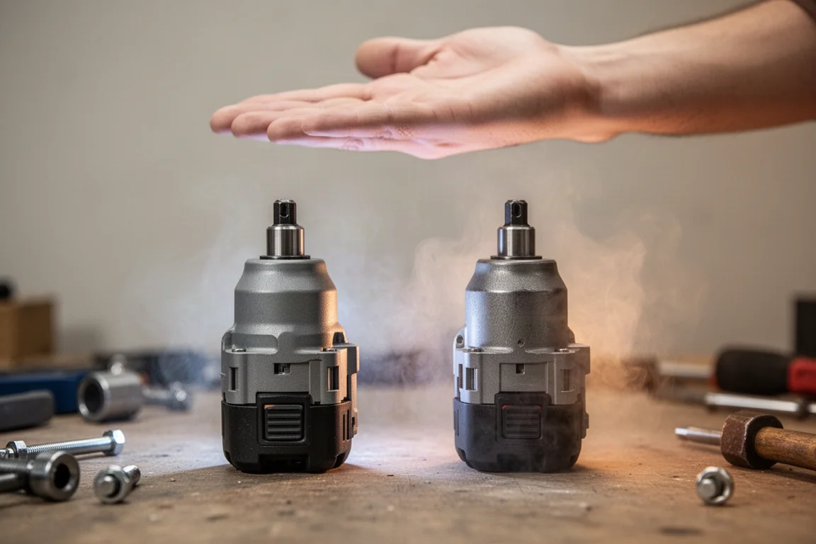 Wärmecheck: eine hand im Infrarot-Stil schwebt über zwei Gehäusen von Impact-Driver-Motoren