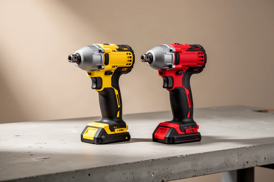 Two cordless impact drivers side by side on a concrete workbench