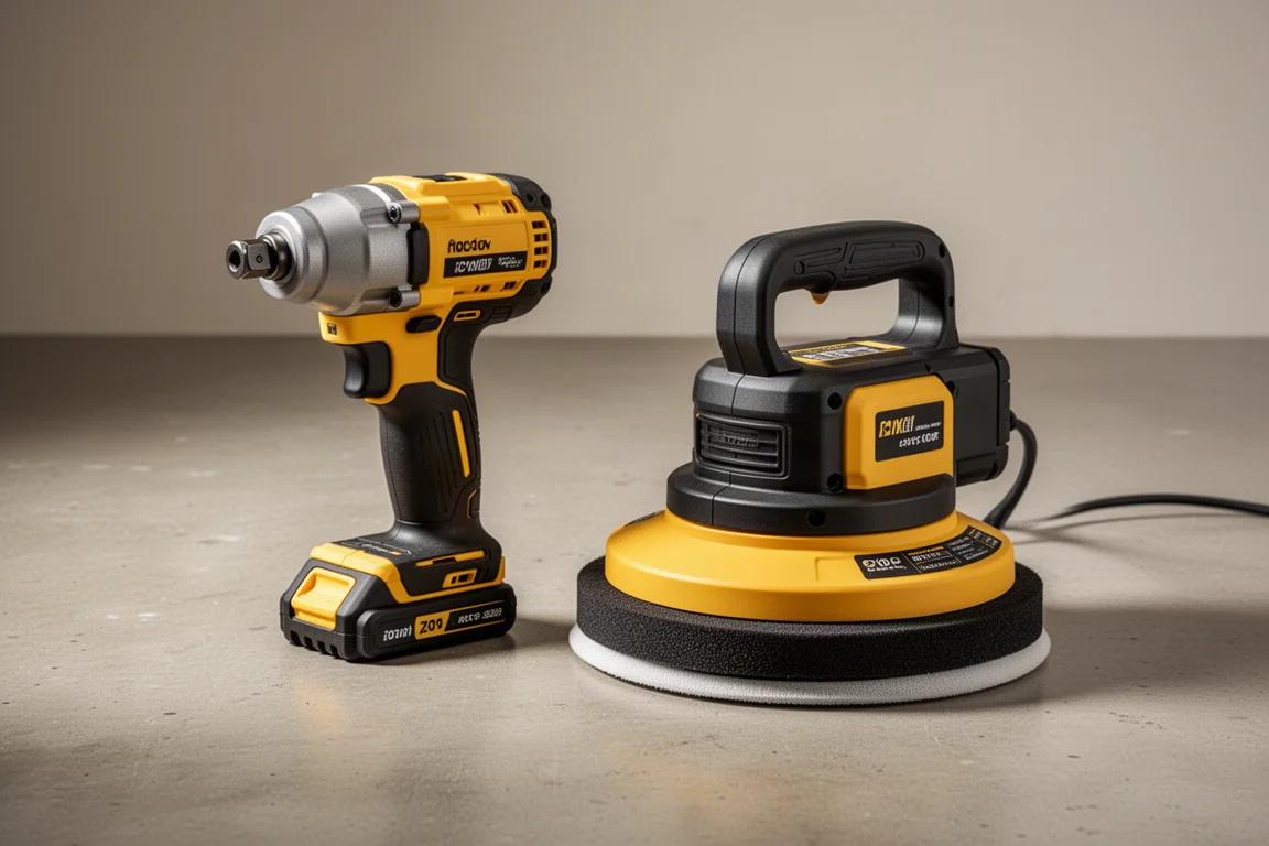 DeWalt hydraulic impact driver and suction lifter arranged on a concrete workshop floor