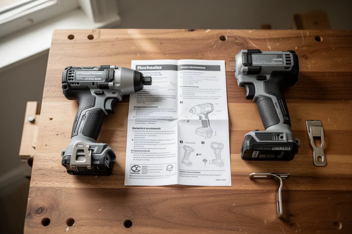 Impact driver contents laid out on a workbench with manual and belt clip