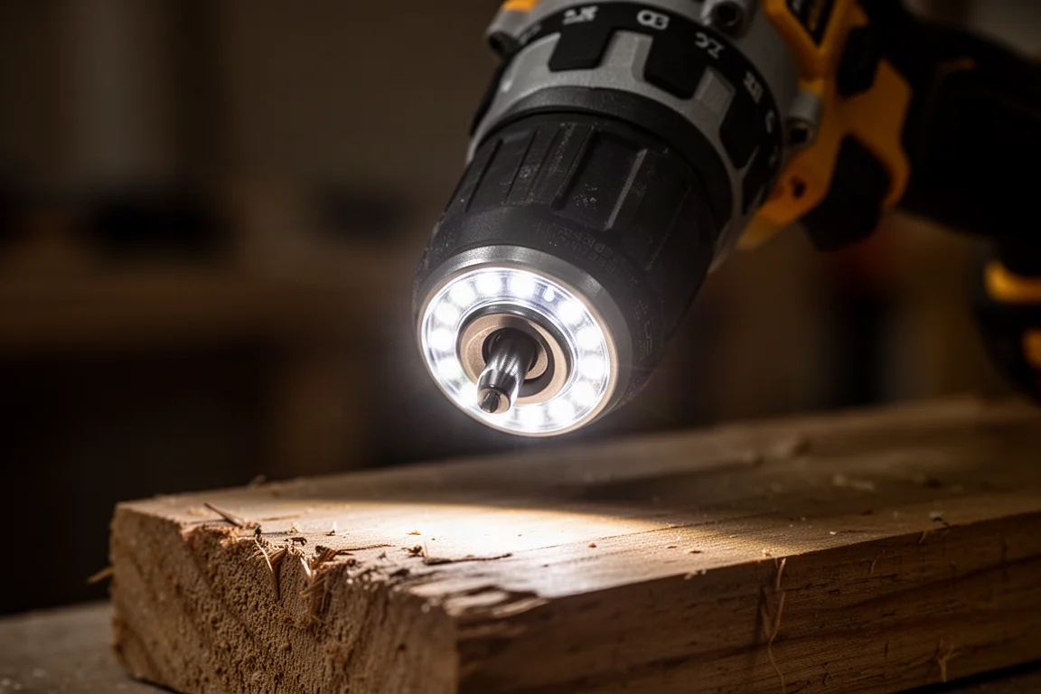 Ring of LED lights illuminating a dark workspace corner