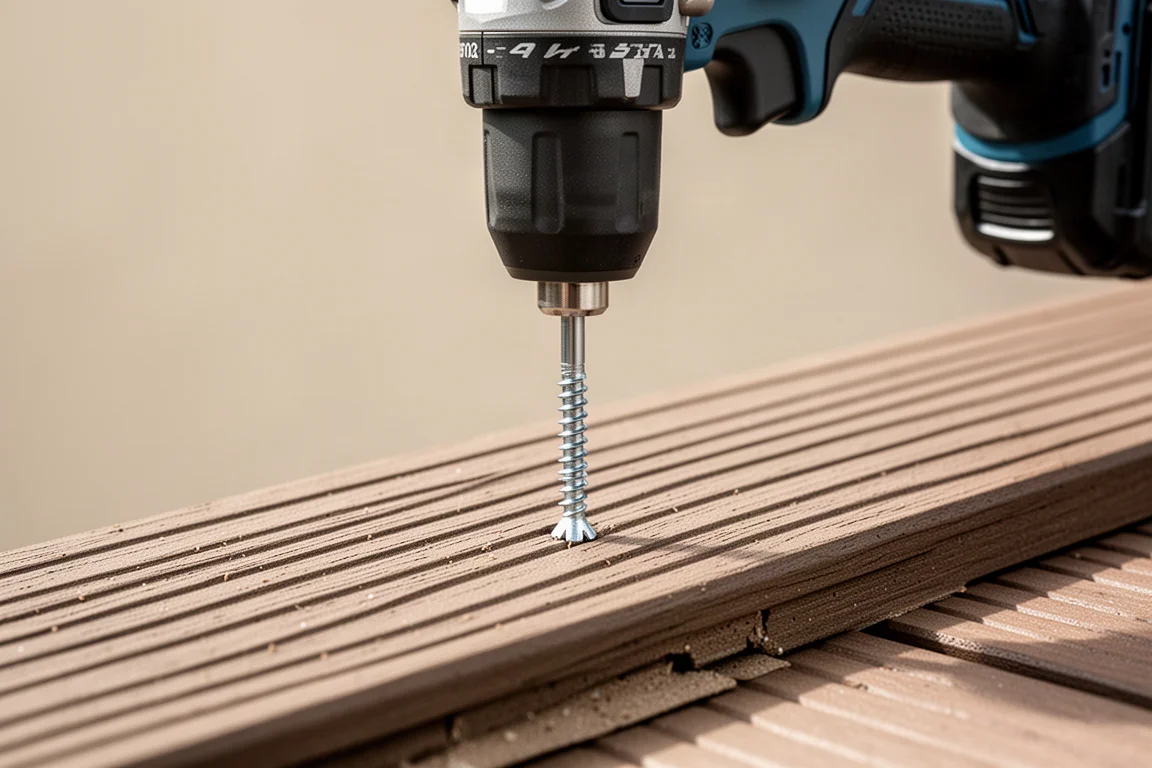 Impact driver driving a long deck screw into composite decking board