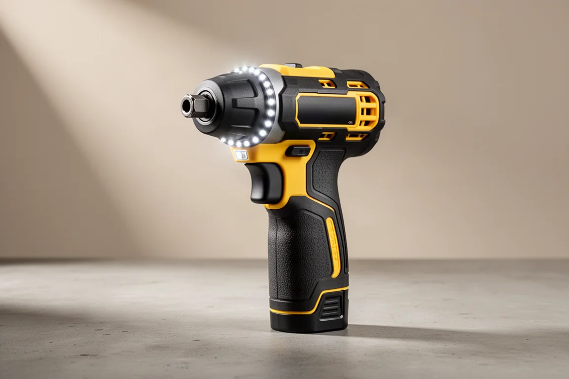 Compact cordless impact driver standing on a concrete surface