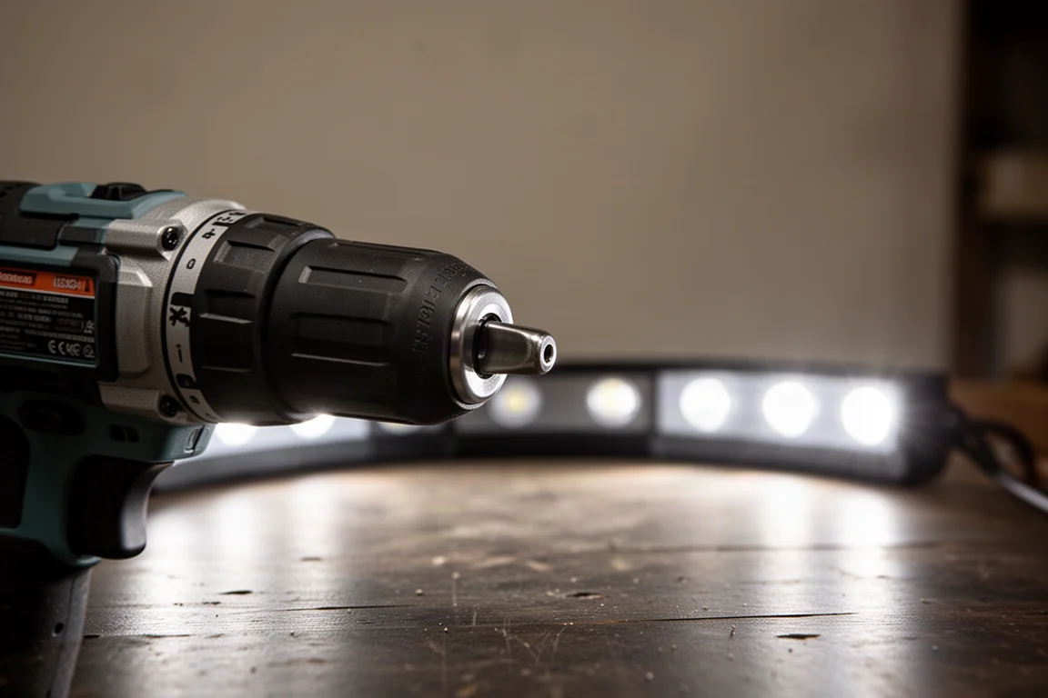 Nueve luces LED de trabajo iluminando una superficie de trabajo oscura