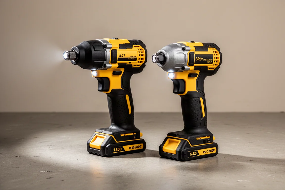 Two compact cordless impact drivers side by side on a concrete floor