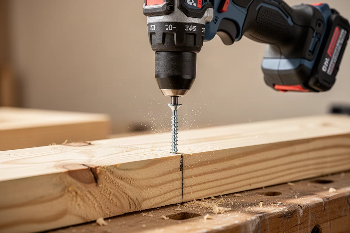 Impact driver driving a long wood screw into a thick lumber board