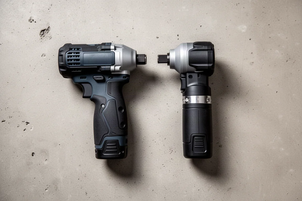 Two impact drivers side by side on a workbench showing their grip designs