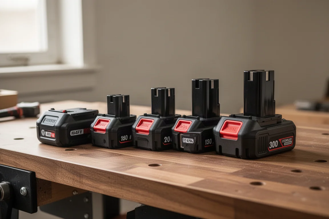 Row of four cordless tool batteries lined up on a workshop bench