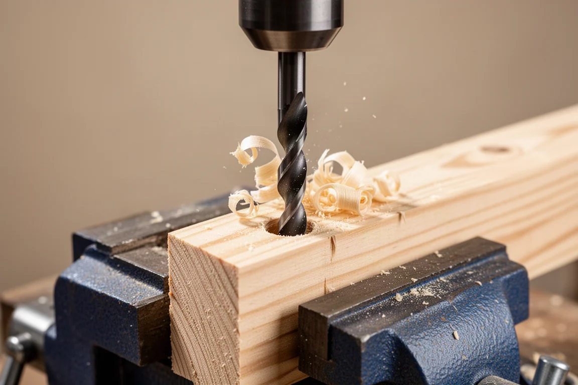 Spade bit boring a clean hole through a 2x4 framing stud
