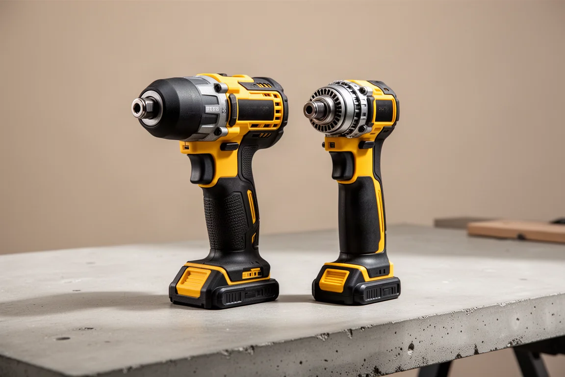Two DeWalt impact drivers standing side by side on a concrete workbench